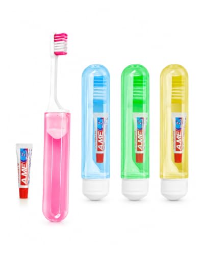 XALFST Cepillo de Dientes de Viaje Plegable, Pack de 4 con Mini Pasta Dental, Fibras Suaves y Diseño Compacto, 4 Colores para Adultos y Niños, Portátil para Oficina y Camping