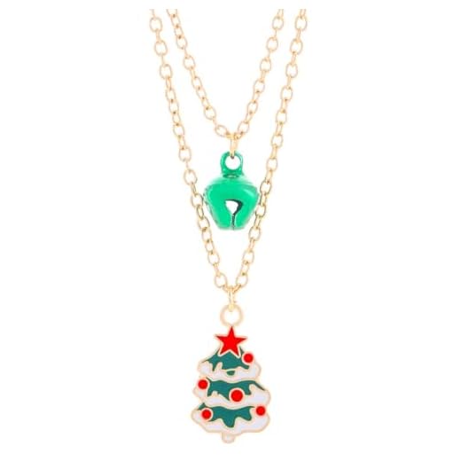 Kokoma Colar feminino com pingente de árvore de Natal em camadas, corrente de elos duplos com pingente de sino verde, colar empilhável ajustável, joia de Natal