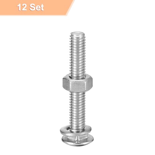 Image of uxcell M6x50mm Square Neck Carriage Bolts with Nuts & Washers, 12Set 304 Stainless Steel Round Head Square Neck Coach Bolt Screws, Silver Tone