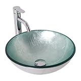 Lofeyo Small Bathroom Sink 16' Silver Glass Vessel Sink With Drain Modern Round Shape Artistic Basin Bathroom Vessel Sinks Above Counter Small 5' Deep Vessel Sink LOF-SL33666