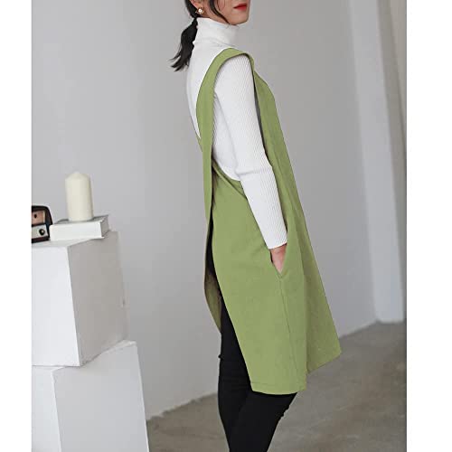 AOBBYBBS Cotton Linen Apron Halter CrossBack Bandage Aprons Japanese Style X Shape Pocket (Shallow Grass Green)