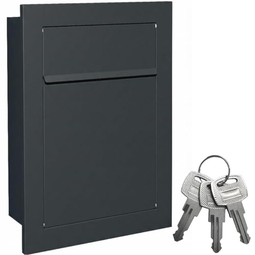 DATI E SPECIFICHE TECNICHE PRECISI: Dimensioni 340×100×450 mm, fessura di inserimento 260×40 mm, spessore del materiale 6–10 mm. Verniciatura a polvere RAL 7016 Antracite Opaco, installazione a filo, resistente agli agenti atmosferici, senza portagiornali, fornito pronto per il montaggio incluso accessori.