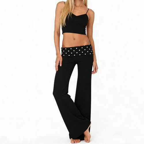 Image of Lounge Yoga Pants for Women Fold Over Low Waist Wide Leg Bell Bottoms | Y2K Foldover Pants, Flare Leggings, Low Rise Yoga Sweatpants