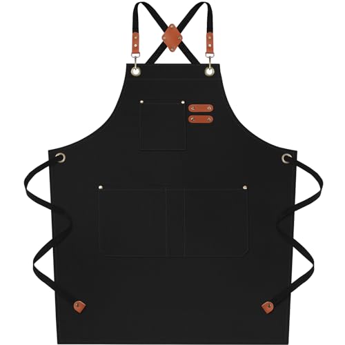 Riqiaqia Black Chef Apron for Men Women Water-Resistant Cotton Canvas Cross Back Aprons with Adjustable Strap and Large Pockets for Kitchen Cooking Baking Artist Painting