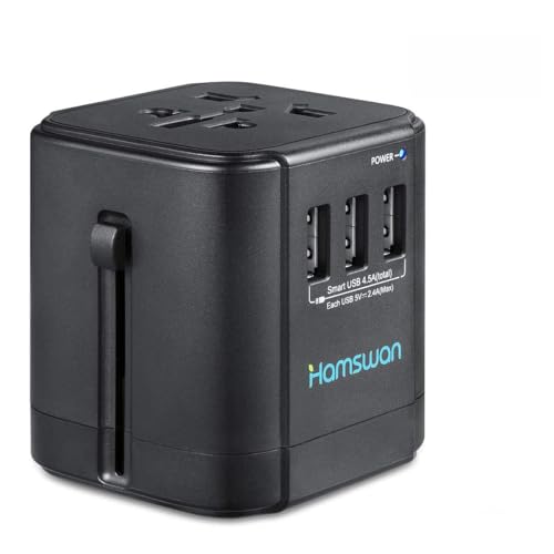 Universal Travel Adapter, HAMSWAN All-in-One BST-622A World Travel Adapter with 4.5A 3 USB Ports for US EU UK AU & Asian Countries, 150+ Countries, Travel Pouch