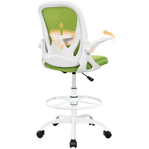 Image of Primy Drafting Chair Tall Office Chair with Flip-up Armrests Executive Ergonomic Computer Standing Desk Chair with Lumbar Support and Adjustable Footrest Ring (Green)