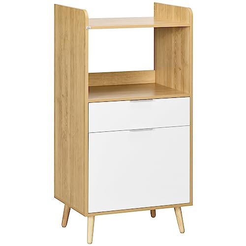 HOMCOM Meuble desserte de Cuisine pour Micro-Ondes Style scandinave avec Placard, tiroir, étagère réglable - 58 x 40 x 118 cm - Naturel et Blanc