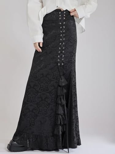 Women's Vintage Maxi Skirt Patchwork Ruffles Irregular Lace-Up Prints High-Waisted Long Skirts3