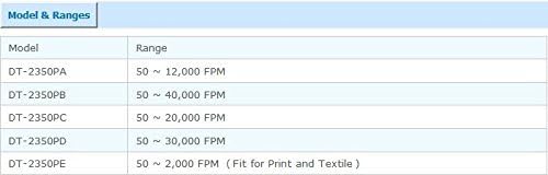 Table showing different stroboscope models and their FPM ranges