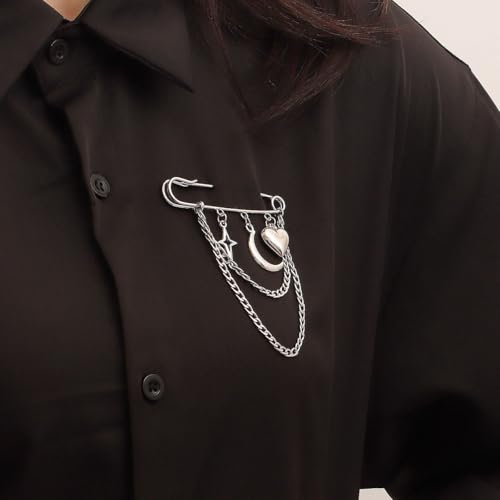 Image of Punk Gold Silver Star Moon Tassel Chain Brooch Sweater Shawl Clips Collar Pin for Women Safety Chain Tassel Broochs