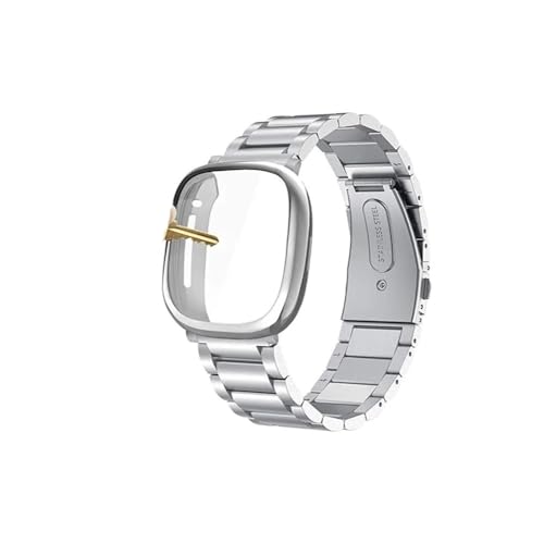 [PLYYQZM] �ɍ��� Fit bit Versa 4 3 2/sense/Sense2 �o���h �X�e�����X�X�`�[�� ���^���X�g���b�v �X�N���[���ی�P�[�X�t���ɓK��(Silver,Versa2)
