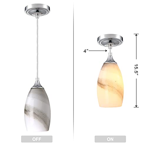 Leading Lighting Adjustable Cord 1 Light 3 Pack Indoor Mini Hanging Kitchen Island Pendant Lamps,Polished Nickel Finish With Handcrafted Marble Art Glass Chandelier Shade For Bar, Dining Room #TOP1