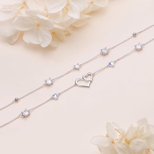 Image of S925 Ankle Bracelet for Women Heart Multilayer Anklets Dainty Beaded Chain Adjustable 9+1 Summer Cute Beach Foot Jewelry