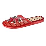 Qgtxf Zapatillas de Malla China para Mujer Slide con Perlas Florales Sandalias Planas Cerradas Zapatos de Casa de Interior Antideslizantes(Red,38 EU)