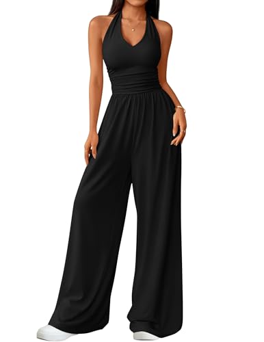 ZESICA Women's Summer Jumpsuits Halter Neck Sleeveless One Piece Outfis Wide Leg Rompers Jumper 2026 Trendy Clothes, Black, X-Large