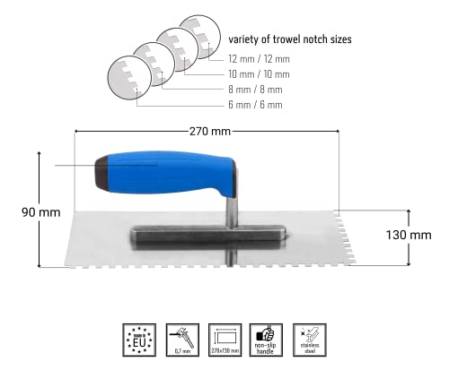 MIVOS Toothed Smoothing Trowel 12 x 12 / Stainless Steel Toothed Trowel 12 mm with Soft Grip / Trowel with Teeth 12 mm / Rust- Toothed Smoothing Trowel 270 x 130 / Made in EU - Image 4