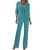 Sequins Mother of The Groom Pantsuits for Summer Wedding 3/4 Sleevs Ocean Blue Evening Pant Suits for Women with Jacket US 6