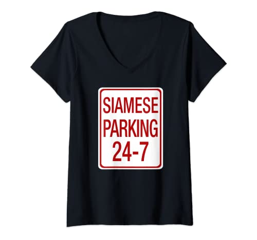 Womens Funny Siamese Cat Parking Traffic Sign Spoof Design Cat Love V-Neck T-Shirt