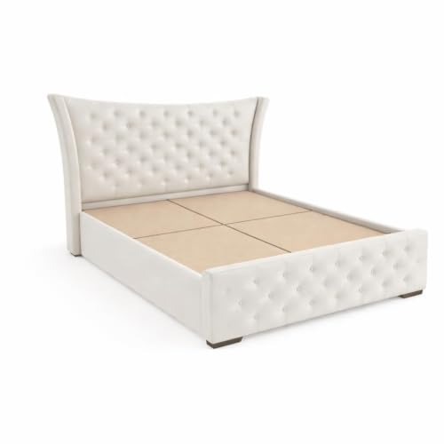 Image of Luxury Queen Size Upholstered Storage Bed with Diamond Tufted Padded Headboard | Premium Velvet Fabric Platform Bed Frame | Solid Wood Structure | Modern Bedroom Furniture | Off White