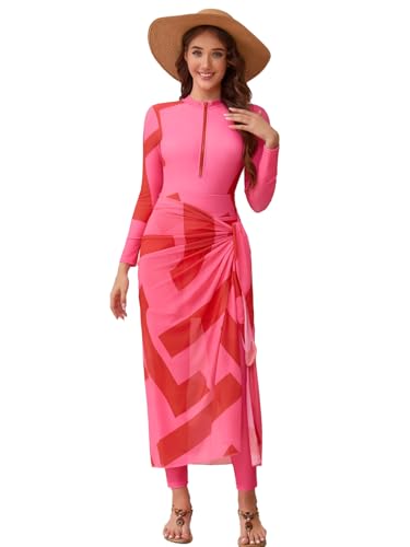 IDOPIP Muslim Burkini Swimsuit for Women's One Piece Swimsuit with Beach Skirt+Cover up Sarong+Pants 4PCS Islamic Bathing Suit Floral Print Swimsuits Ruffle Monokini Swimwear Pink M