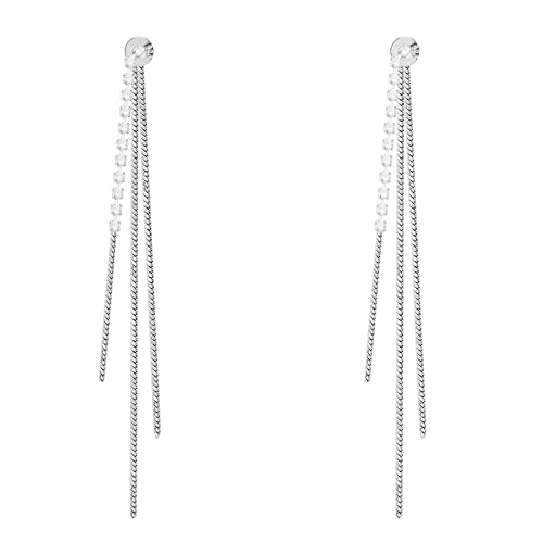 925 Sterling Silver Cz Long Dangle Chain Earrings Silver Tassel Earrings With Snake Chain Backs Silver Dangle Earrings For Women Trendy Fashion #TOP21