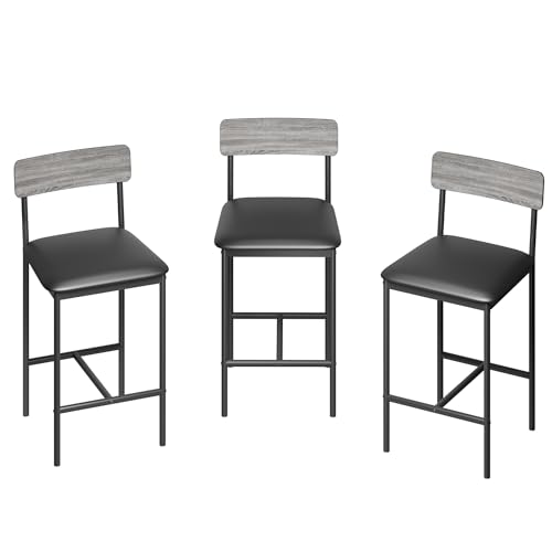 Garvee Juego de taburetes altos para barra con respaldo y reposapiés – Estructura metálica resistente – Tapizado cómodo – Ideal para cocina, isla o comedor – Set de 2 piezas, color gris, altura 65 cm,