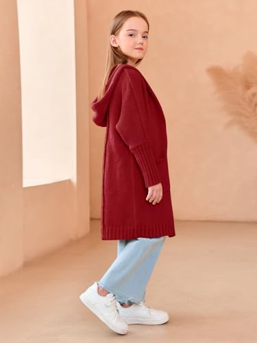 Girls Hooded Long Cardigan Kids Fashion Open Front Knit Sweater Outerwear Coat 5-14 Years4