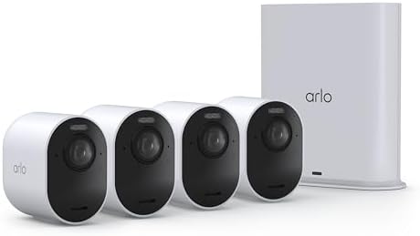 Arlo Ultra Security Camera 4K HDR (3rd Gen, 2025 Release) + SmartHub, Battery Power, Emergency Response, AI Event Captions, 1-Month Trial of Secure Plan, 180° Field of View, 4 Cam, White