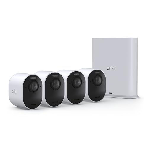 Arlo Ultra Security Camera 4K HDR (3rd Gen, 2025 Release) + SmartHub, Battery Power, Emergency Response, AI Event Captions, 1-Month Trial of Secure Plan, 180° Field of View, 4 Cam, White