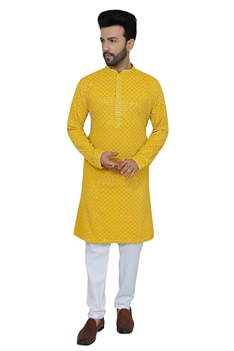 Kurta for mens, Chikankari Embroidered Kurta and Straight Pants Set, Viscose, Knee Length, Mens kurta3