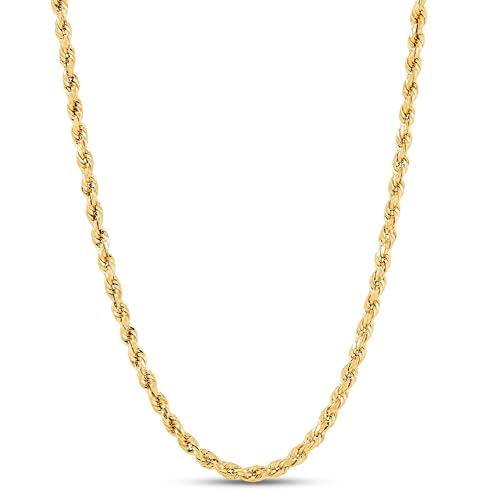 Italian 14K Solid Yellow Gold Rope Chain Necklace for Men & Women Radiant Diamond Cut with Lobster Claw Clasp 14K Real Gold Jewelry Gifts (1.5mm, 2mm, 2.3mm, 2.5mm, 3mm, 3.5mm, 4mm)