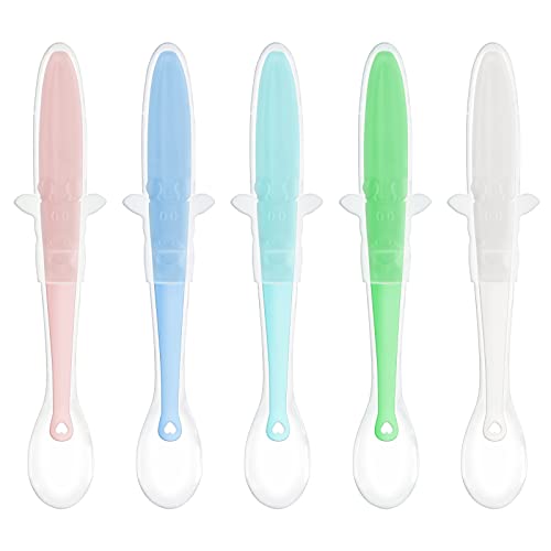 Clundoo 5pcs Cucharas Siliconas Bebé, Cuchara de Aprendizaje para Bebe, Cuchara para Bebé para Comer Independiente, Cuchara Suave de Silicona para Alimentación de Bebés sin BPA