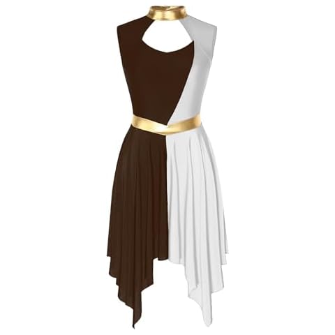 Jizyo Praise Dance Tunic for Women's Color Block Lyrical Dress Sleeveless Asymmetrical Liturgical Worship Dancewear Brown&White A XX-Large Cover
