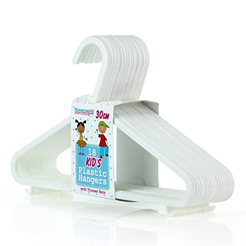 Image of HANGERWORLD 18 Pack of White Plastic Children's Coat Hangers - 30cm for Baby and Toddler Clothes Storage, No Shoulder Bumps with Lower Hooks for Vests