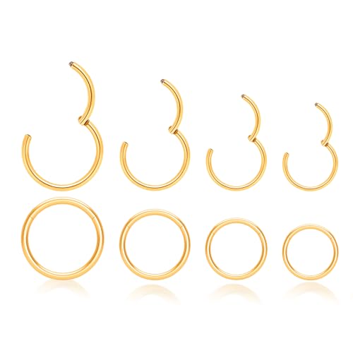 DGhera 8Pcs 316L Surgical Steel Hinged Clicker Segment Nose Ring & Ear Piercing Jewelry [16G/18G/20G]–Hoop Helix Cartilage Daith Tragus Sleeper Earrings For Women Men (Gold-18G(1.0mm)&(6mm-12mm) - 4Pairs)