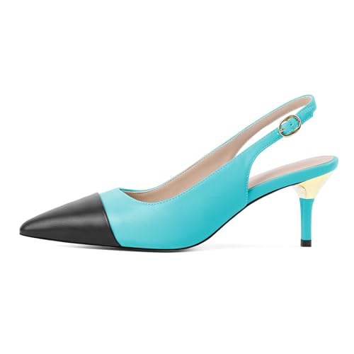 YODEKS Women's Slingback Heels Cap Toe Shoes Pointed Low Kitten Heel Pumps 2.5 Inch Two Tone Dress Shoes for Casual Party Wedding Office