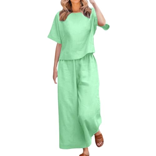 YHHRJAI Chándal de Lino para Mujer de Verano Elegante a Juego con Camisa Ancha Pantalones Ligeros de Algodón y Lino Verano Chándales Gimnasia Primavera Curvy Juego dos piezas manga 3/4 para 2026