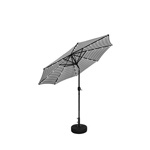 WO Home Furniture 9 Ft Patio Solar Power LED Lights Market Umbrella with Black Color Round Free Standing Weight Base kit, Black/White