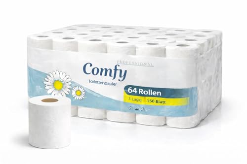 Comfy Premium Toilettenpapier 3-lagig – 64 Rollen, 150 Blatt pro Rolle, extra weich & reißfest
