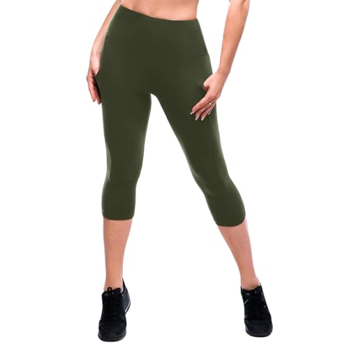 SINOPHANT High Waisted Leggings with Pockets Women, Full Length Capri Buttery Soft Stretchy Yoga Pants(Capri Army Green,L-XL)