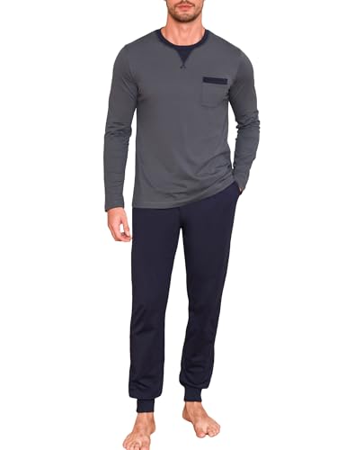 Winovia Herren Schlafanzug Langarm Baumwolle Pyjama Set mit Rundhals & Bündchen Bequemer Zweiteiler Loungewear Hausanzug Nachtwäsche mit Kontrastdetails Dunkelblau-grau XXL