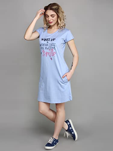 Image of Meerkat Women Short Sleeve Knee Length Cotton Knits Printed Short Nighty /Long Shirt /Midi