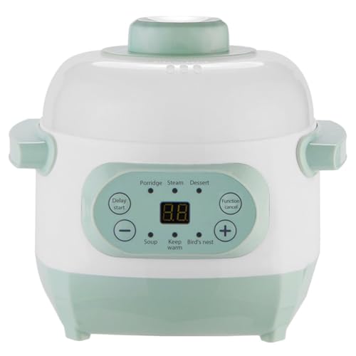 MGHRUEWH Olla De Cocción Lenta Eléctrica De Cerámica De 1 L, 220 V, 200 W, Pequeña Olla Versátil con 6 Modos De Cocción, Temporizador De Reserva Y Mantenimiento del Calor. Vaporera para Gachas,Verde