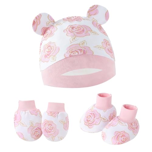 Newborns Baby Hat and Gloves Set with Foot for Infant Boys Girls 0-6 Months Soft Fetal Caps Cotton Gloves Socks