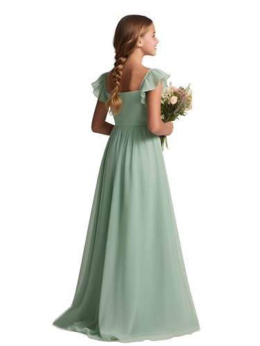 MCieloLuna Girl's Summer Boho Dress Cap Sleeve Flower Girl Dresses Square Neck Junior Bridesmaid Maxi Gown with Slit2