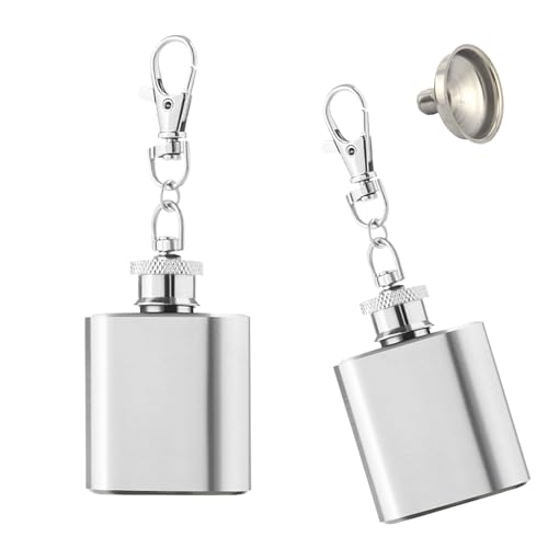 YIUWLMN 2PCS Mini Pocket Liquor Stainless Steel Portable Unique Bottle With Keychain 1 oz Whiskey Bottle and Small Funnel