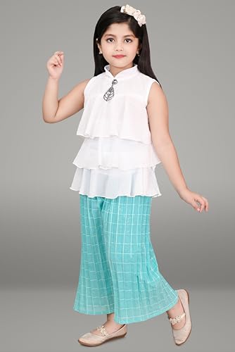 Image of Chiffon Self Design Printed Dress & Capri Set For Girls