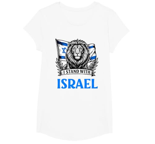 I Stand with Israel Hebrew Lion Flag Design T-Shirt, Girls, White, Small