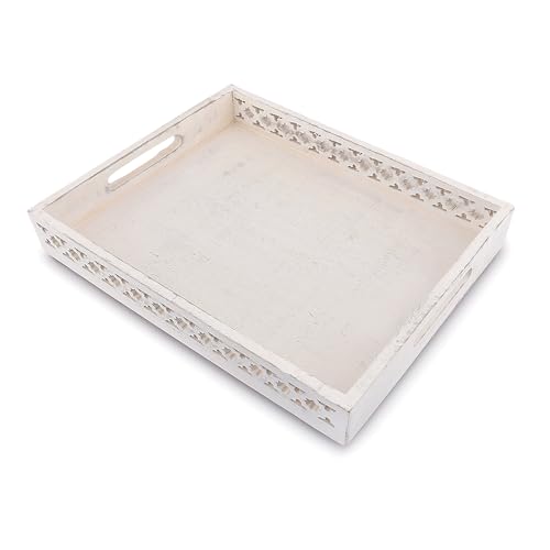EDHAS Platters Mango Wood Tray with Handles Serving Platters for Breakfast in Bed, Tea, Coffee with Cutout Handles (White) (35.56cm x 27.94cm x 5.08cm) - Image 4