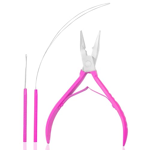 SIVOTE Professional Hair Extension Pliers & Bead Extension Tool Kit Stainless Steel Hair Pliers for Bead Extensions Microlink Tool Kit & Loop Threader for Micro Beads Hair Extensions Kit Pink